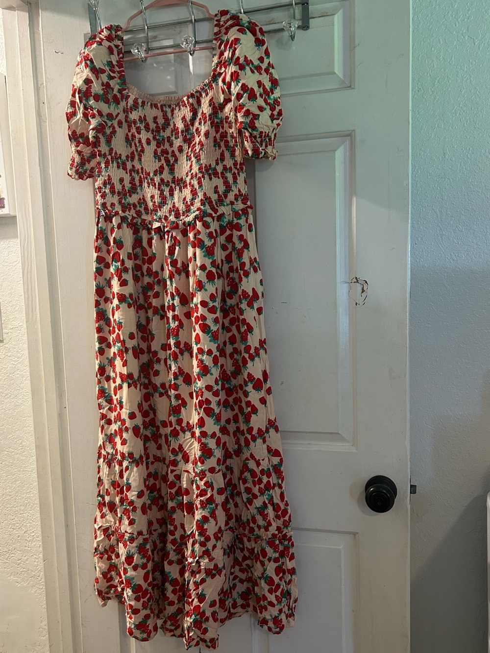 Betsey Johnson Cream Strawberry Print Maxi Dress with Red & Green Accents - Picture 3 of 3
